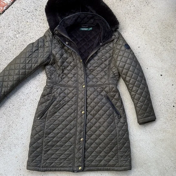Lauren Ralph Lauren Olive/Black Diamond Quilted Coat with Hood Size Small - Picture 6 of 14